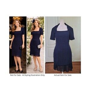 Roland Nivelais 100% Silk Dress Navy Blue Women 6 Pleated Wedding Cocktail Party